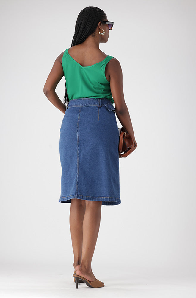 CAMDEN BUTTON THROUGH  BELTED DENIM SKIRT