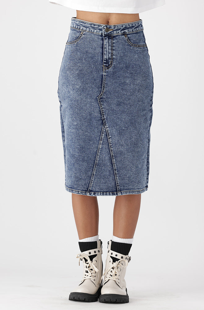 Ladies | Jenny Tube Denim Skirt Mock Slit _ 171474 Dark Wash Skirts
