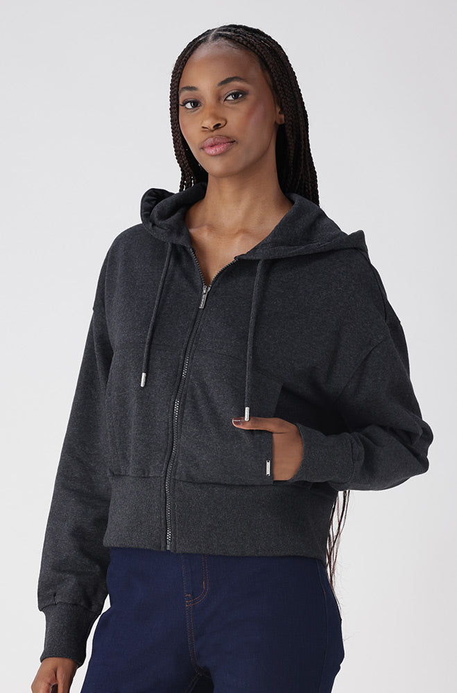 Ladies | Lucy Side Crop Zip Through Fleece Hoodie _ 156274 Charcoal Mel Hoodies