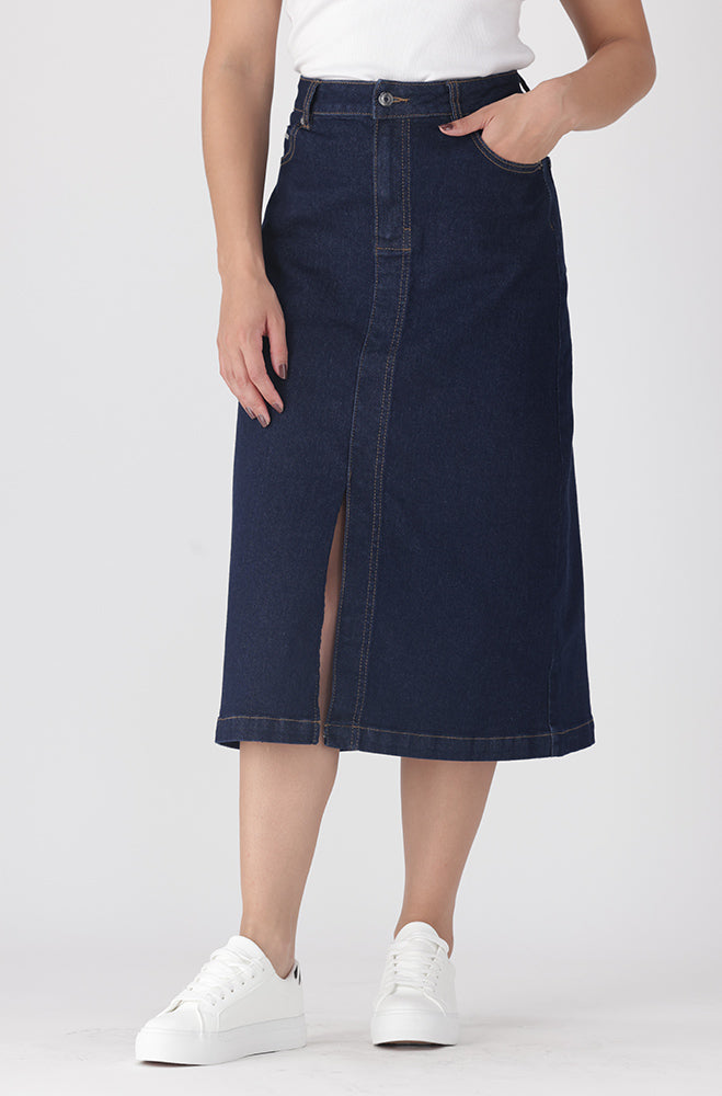 Ladies | Ivy Denim Longer Length Front Slit Skit _ 162937 Dark Wash Skirts