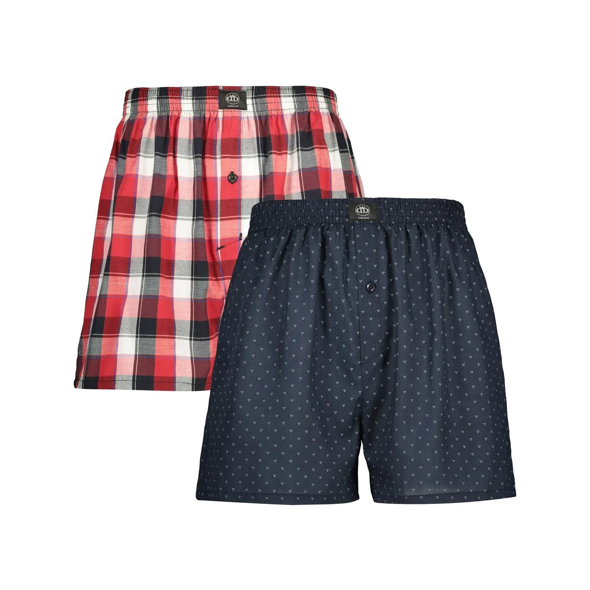 A two-pack of men’s woven boxer shorts, one red and black plaid, and one navy blue with small white polka dots.