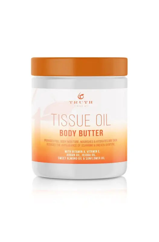 White plastic jar of body butter with an orange lid and label.