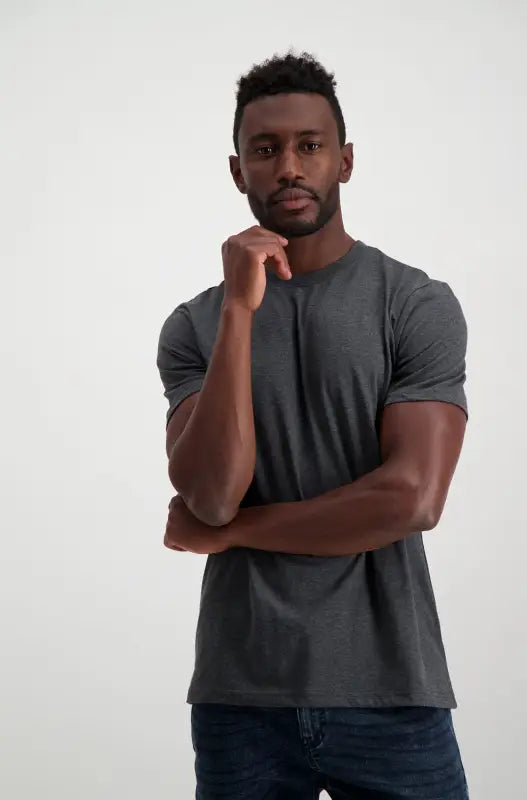 A dark gray crewneck t-shirt.