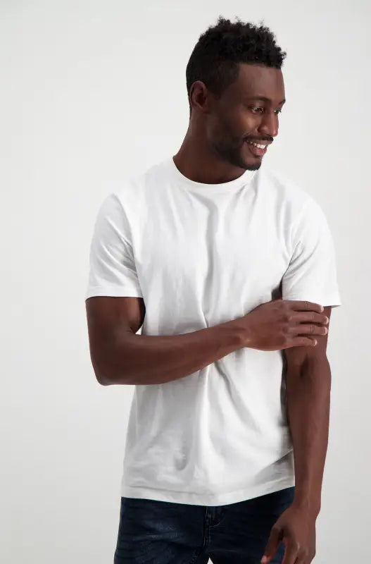 A casual men’s white crew-neck t-shirt.