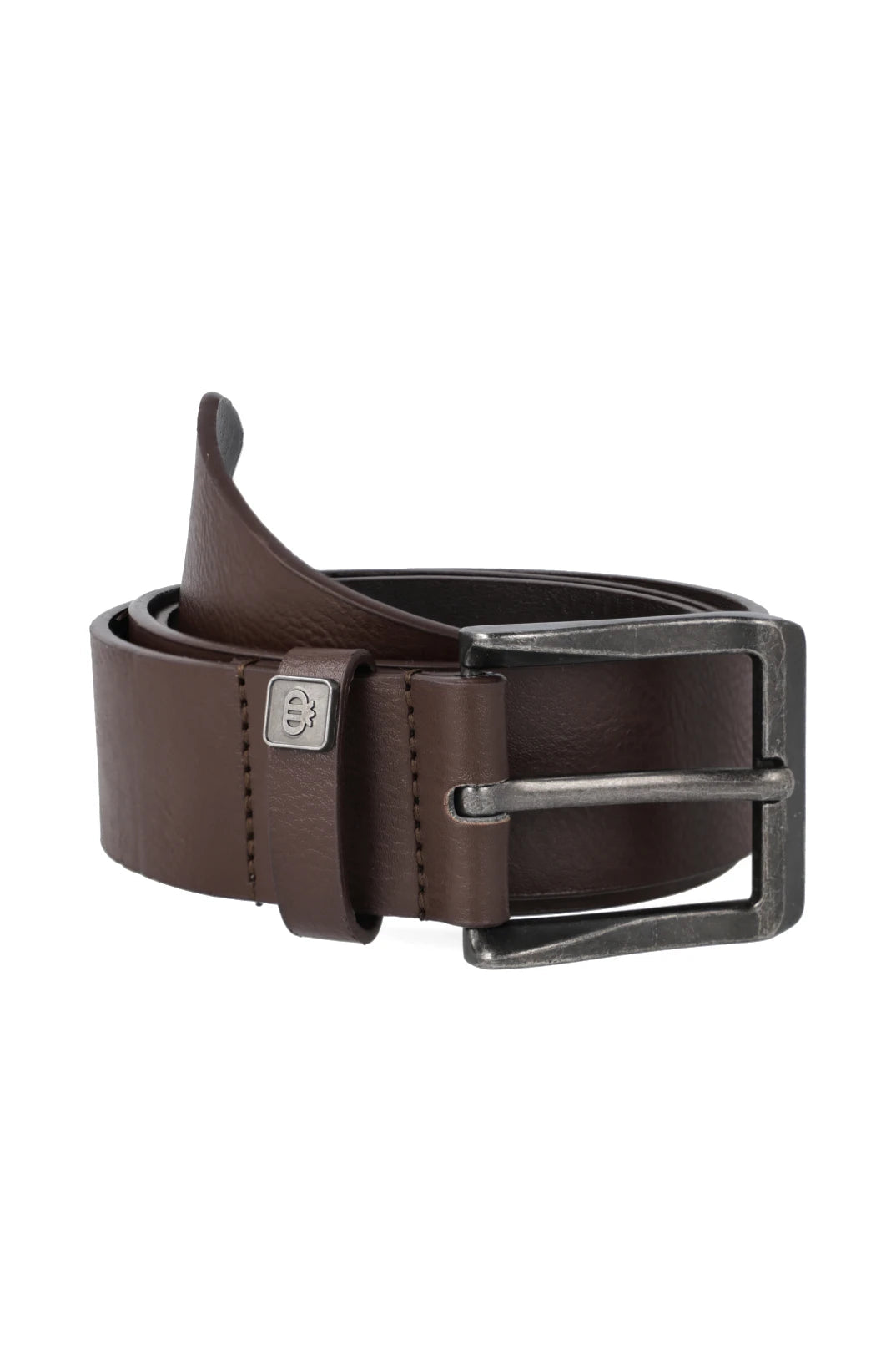 Men’s brown leather belt with a dark metal buckle.