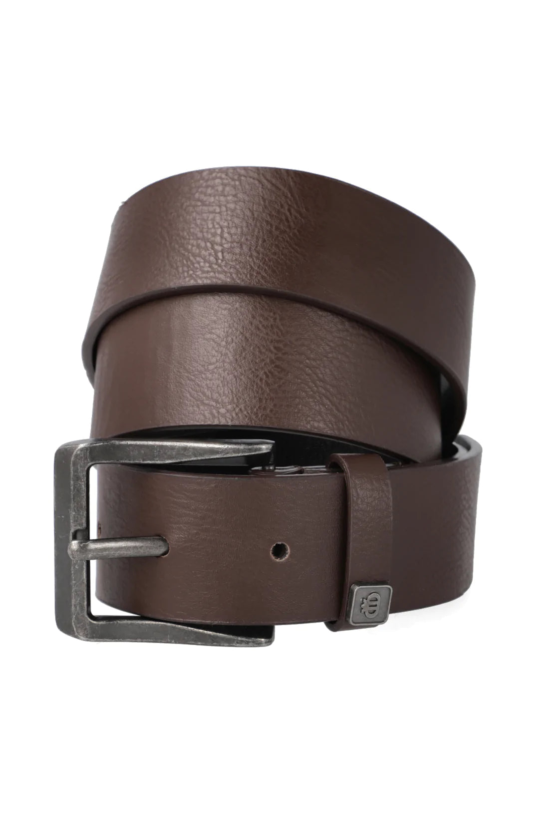 A coiled brown leather belt with a dark metal buckle.