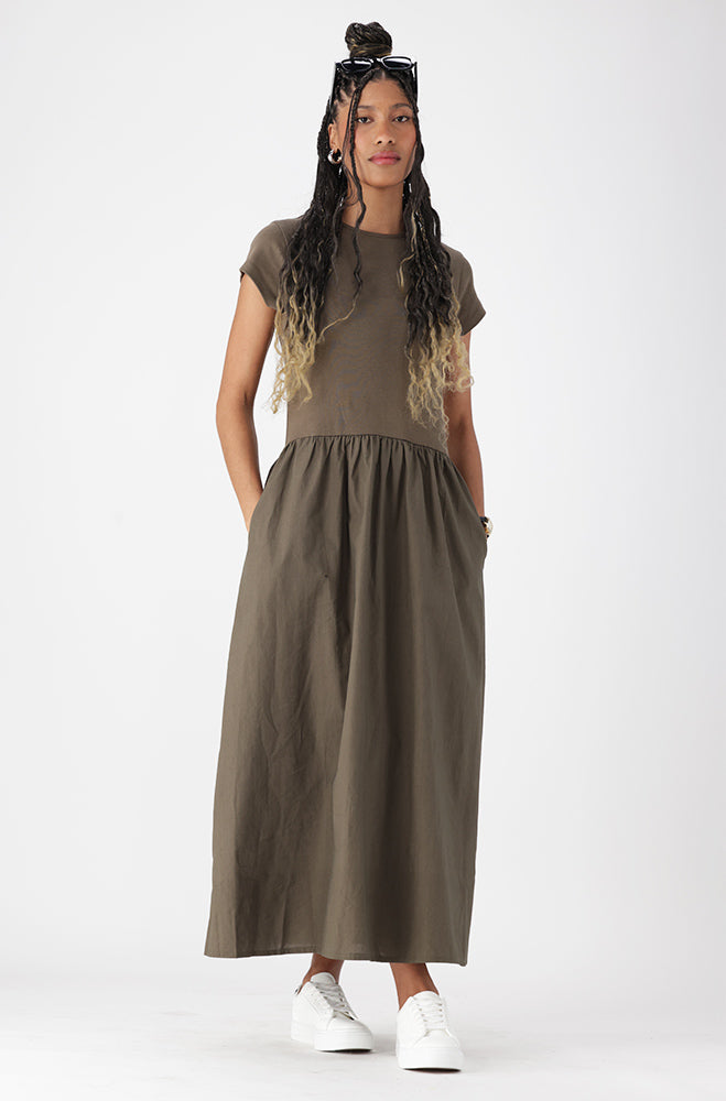 Ladies | Lora Knit and Woven Combo Dress _ 162680 Fatigue Dresses