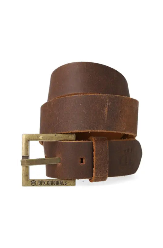 Brown leather belt with a brass-toned square buckle.