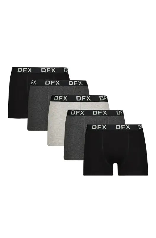 A five-pack of men’s boxer briefs in black, dark gray, and light gray.