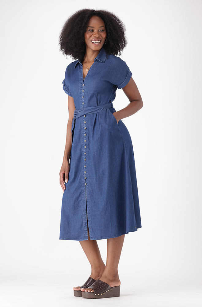 ARADIA DENIM MIDI BELTED DRESS