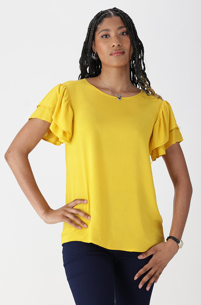 Ladies | Nikki Flutter Sleeve Top _ 162103 Ocre Blouses