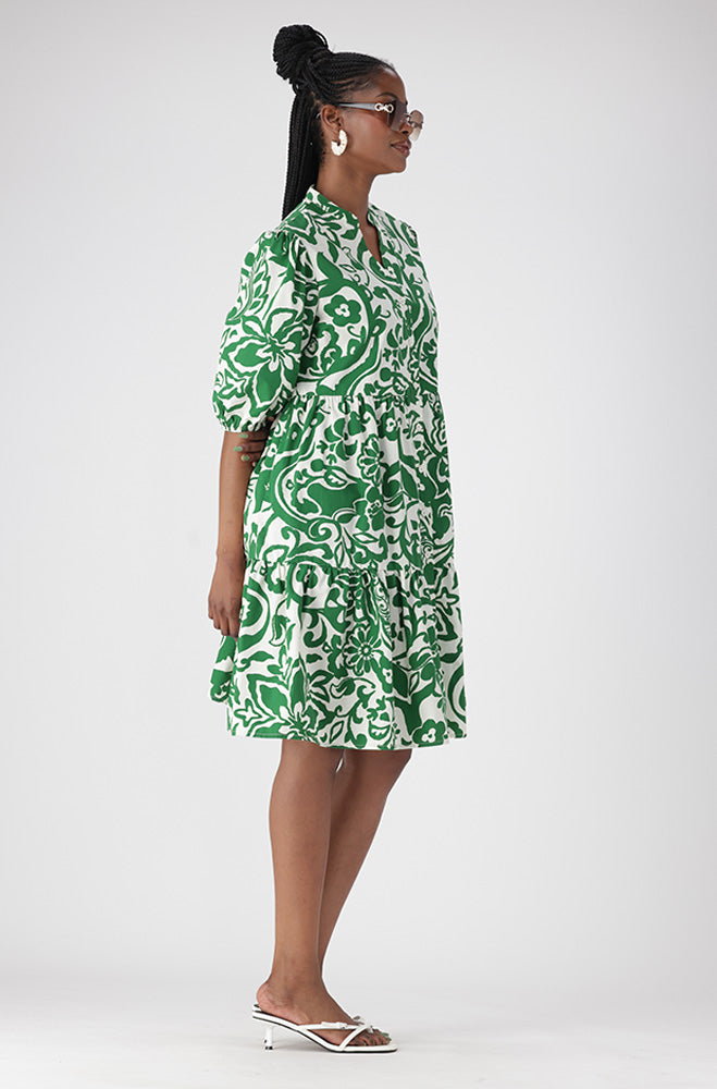 Ladies | Kiara Printed Tiered Poplin Dress _ 161716 Green Dresses