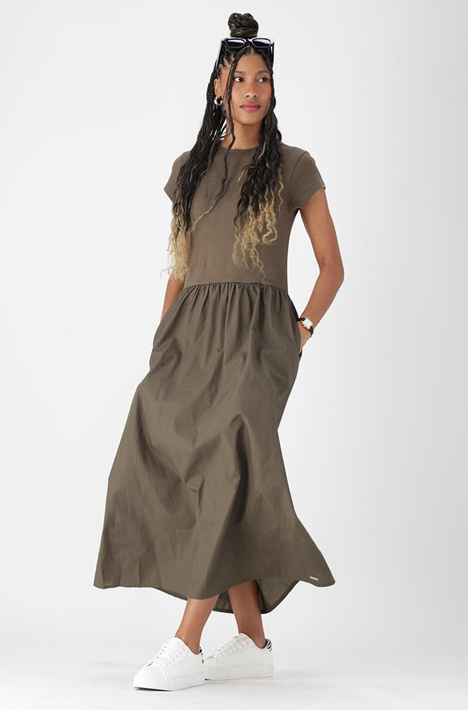 Ladies | Lora Knit and Woven Combo Dress _ 162680 Fatigue Dresses