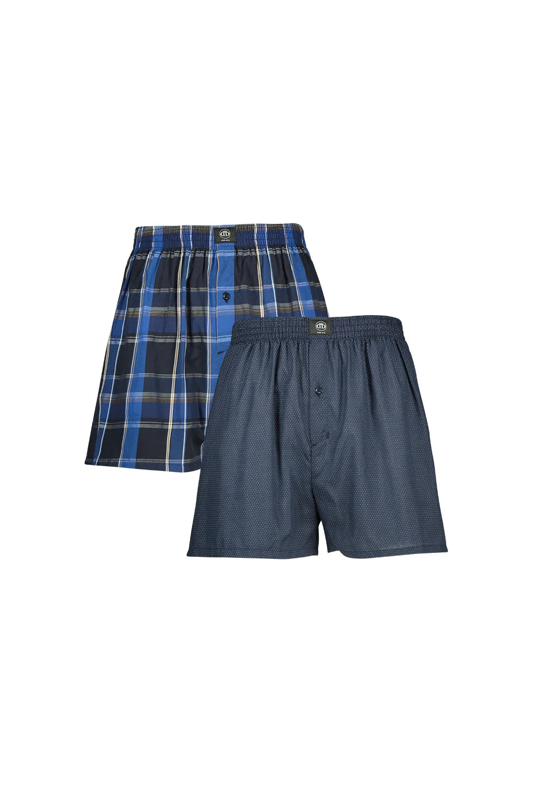 A two-pack of men’s boxer shorts, one blue plaid and one solid navy blue.