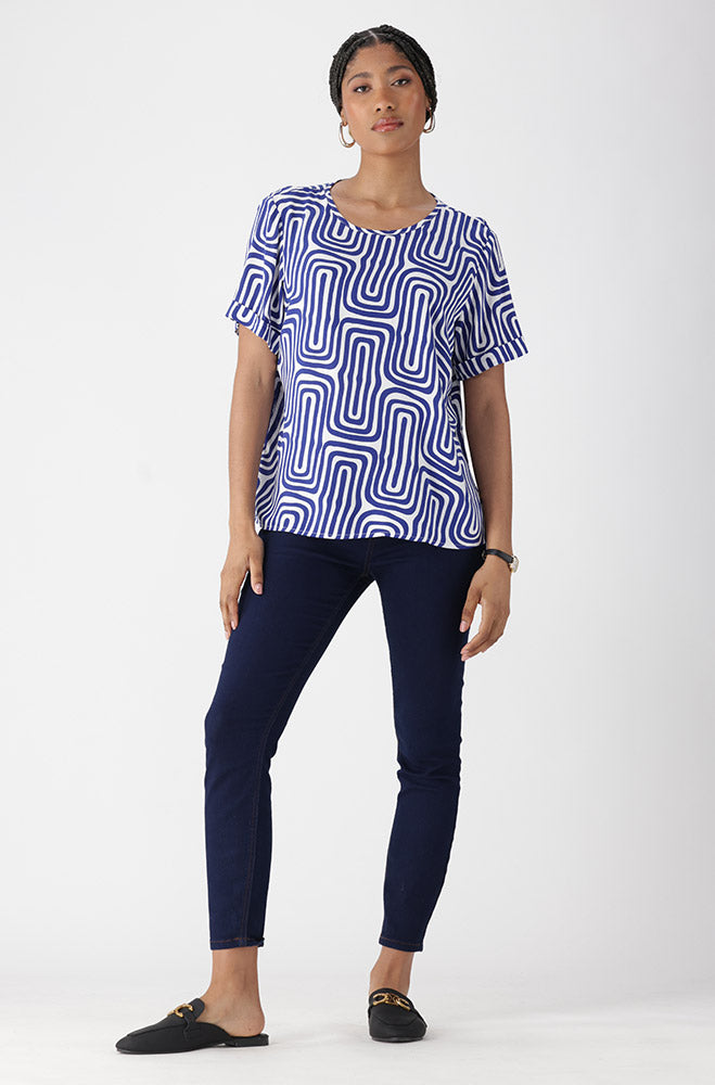 Ladies | Rose Geo Print Boxy Top _ 162105 Blue Blouses