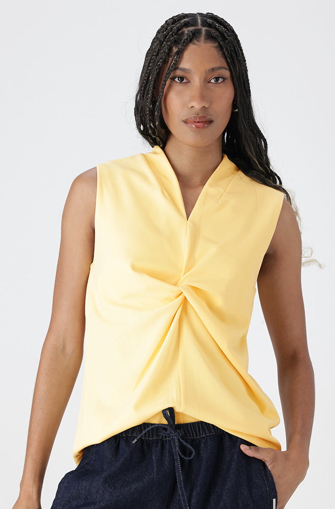 Ladies | Jill Sleeveless Tie Knot Knit Top _ 162931 Yellow Tank Tops