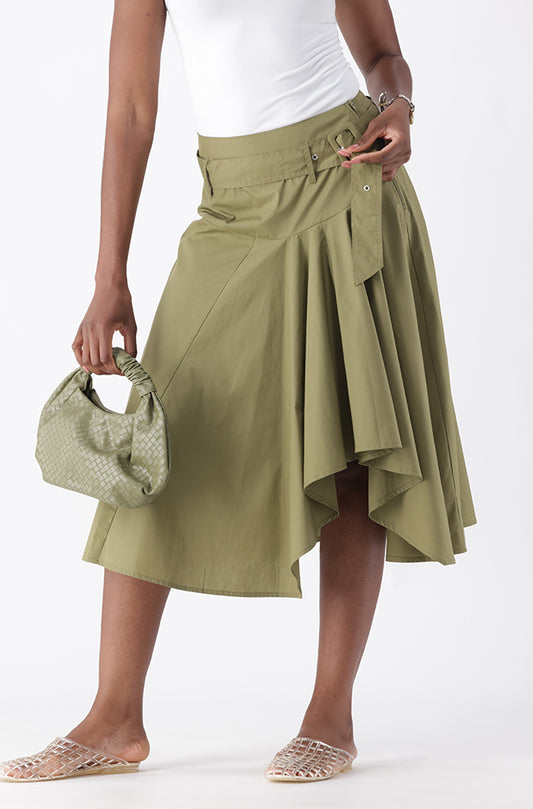 LIZA ASYMMETRICAL HEM MIDI BELTED SKIRT