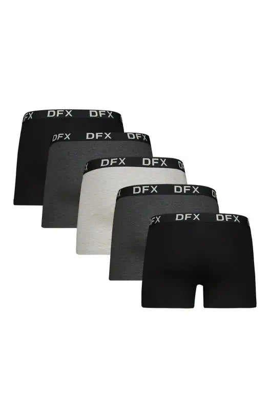 A five-pack of men’s boxer briefs in shades of black, grey, and white.