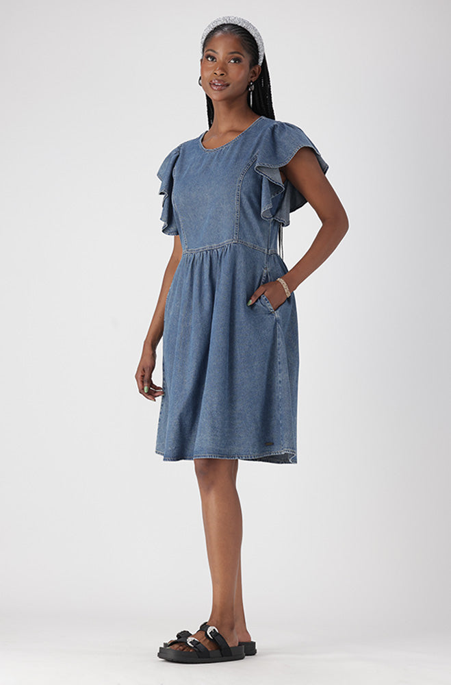 ARI DENIM FLUTTER SLEEVE DRESS
