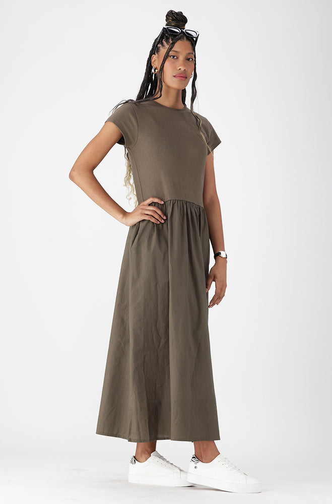 Ladies | Lora Knit and Woven Combo Dress _ 162680 Fatigue Dresses