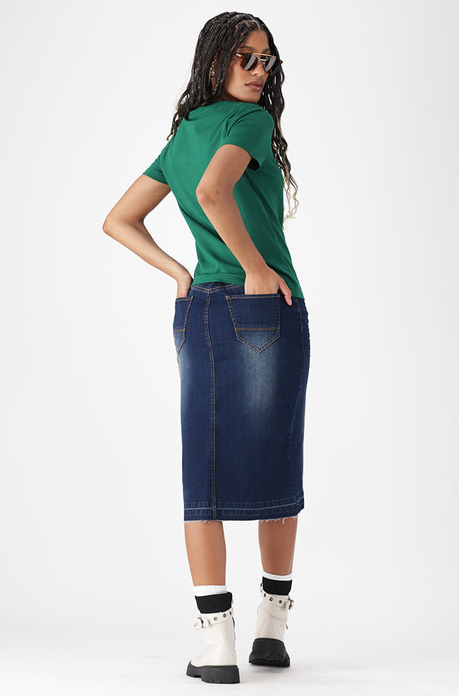 Ladies | Diane Front Slit Unclipped Hem Denim Skirt _ 162656 Dark Wash Skirts