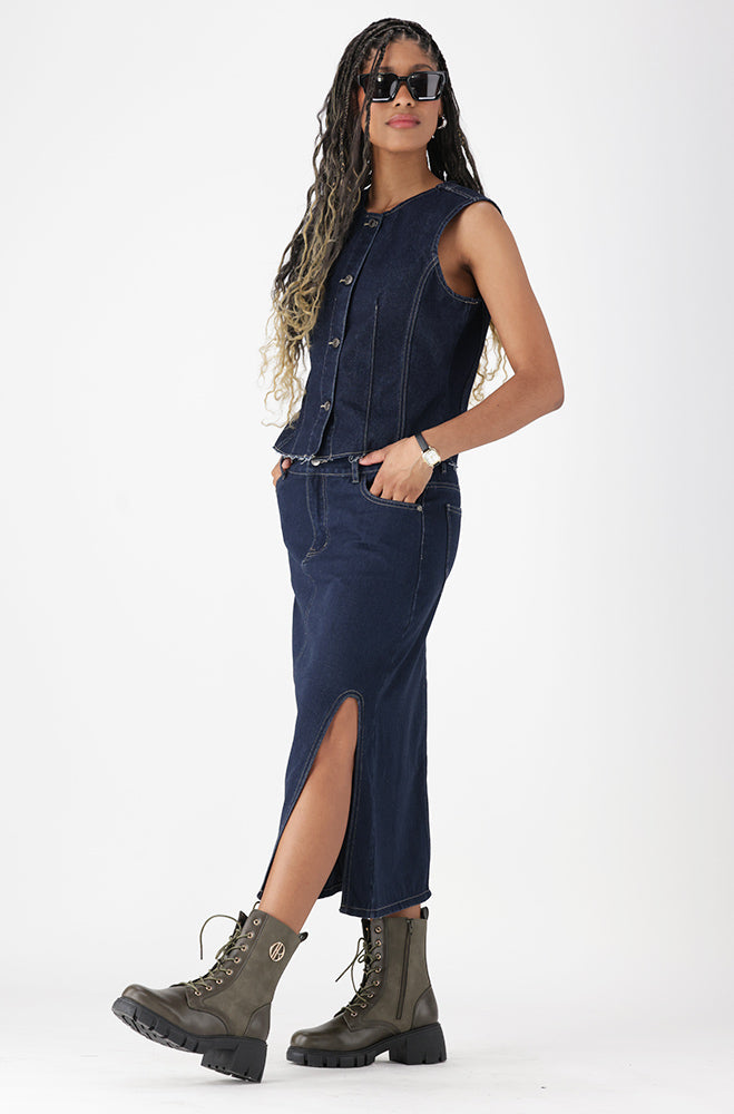 Dunns Clothing | Rose Denim Side Slit Longer Length Skirt _ 165720