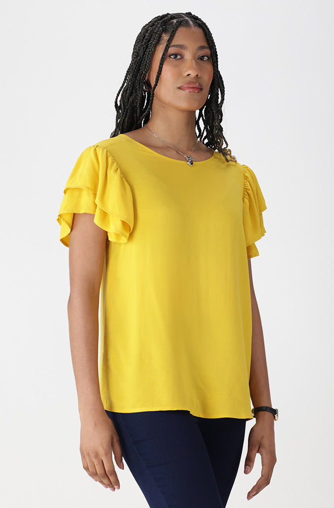 Ladies | Nikki Flutter Sleeve Top _ 162103 Ocre Blouses