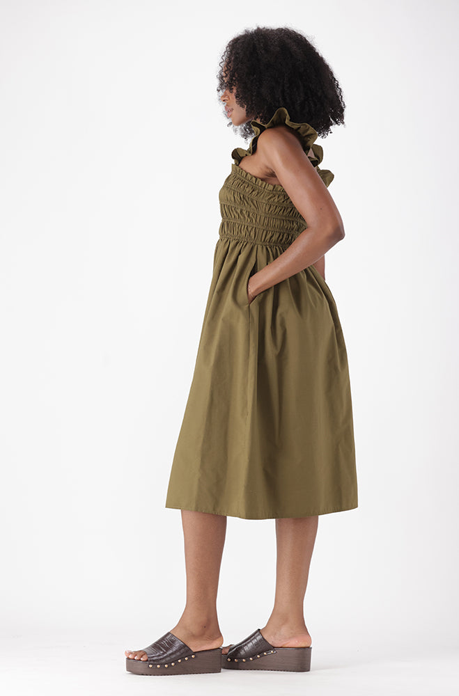 SABRINE STRAPPY MIDI SHIRRED DRESS
