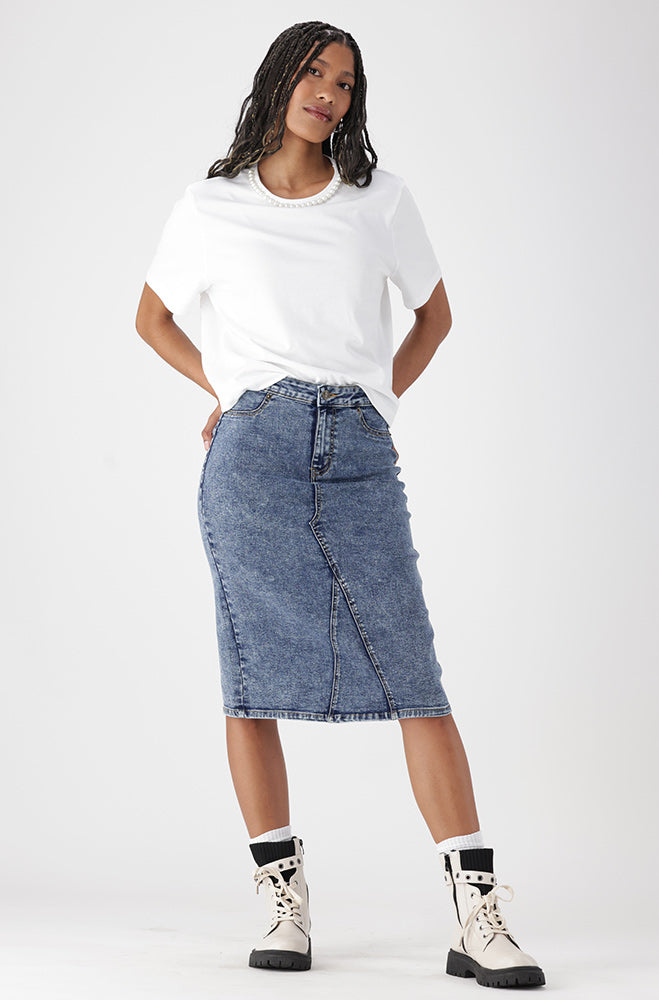 Ladies | Jenny Tube Denim Skirt Mock Slit _ 171474 Dark Wash Skirts