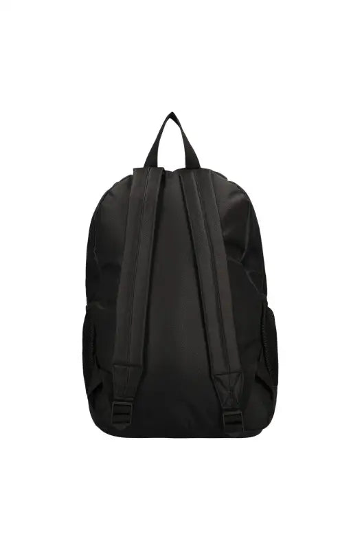 Black fabric backpack with adjustable shoulder straps and top carry handle.