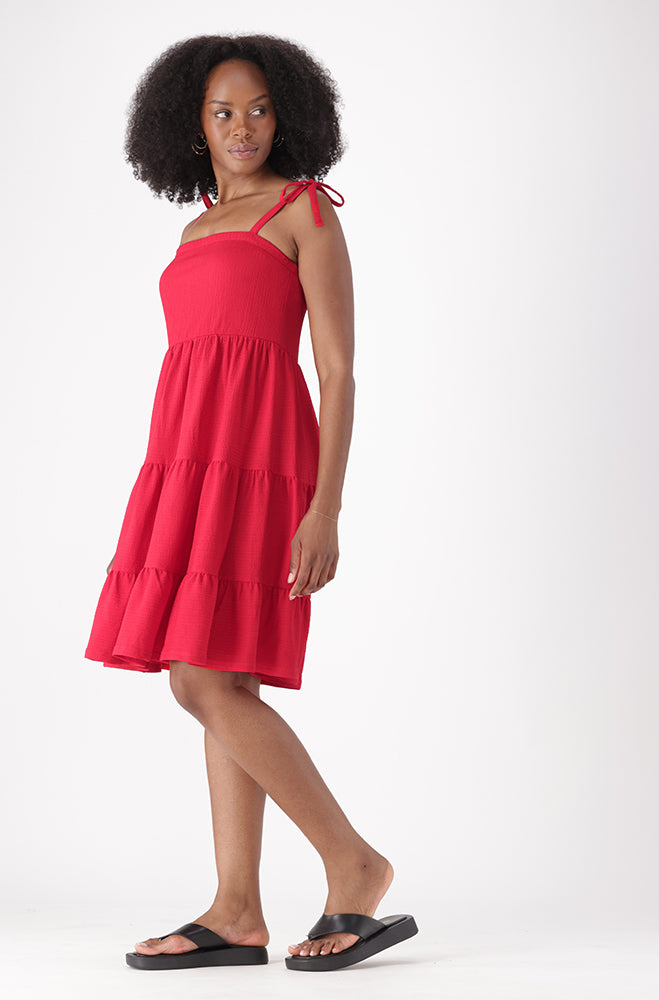 HARLOW TEXTURED MIDI SHOULDER TIE DRESS