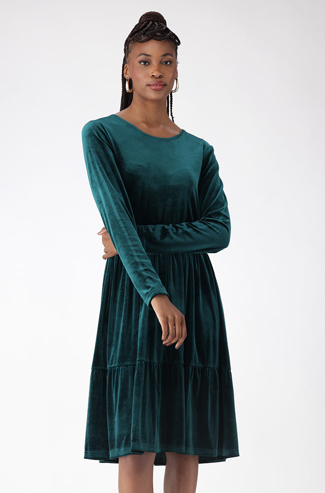 Dunns Clothing | Rose Tiered Flare Velour Dress _ 158574 _ Green | R199