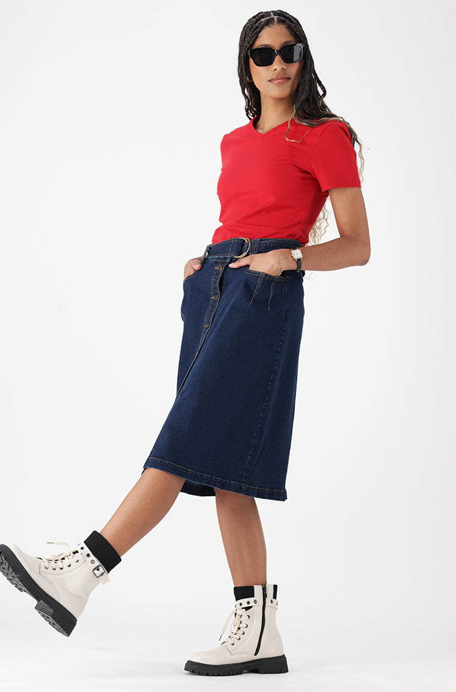 Ladies | Camden Button Through Belted Denim Skirt _ 156351 Dark Wash Skirts