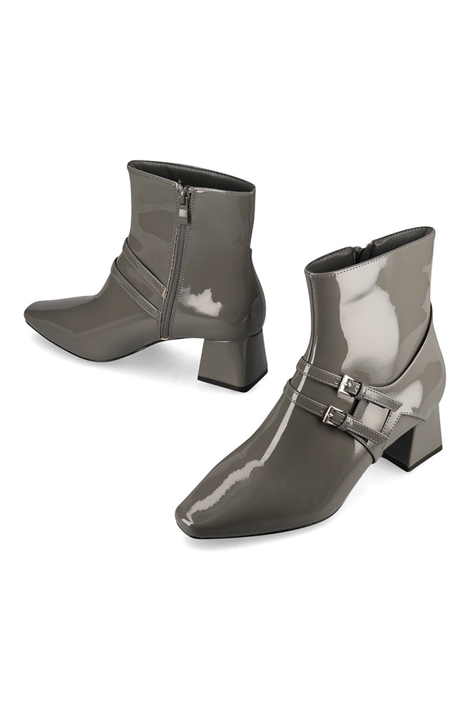 Glenda patent double buckle heel boot