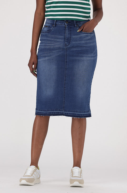 KENDRA DENIM UNCLIPPED HEM SKIRT