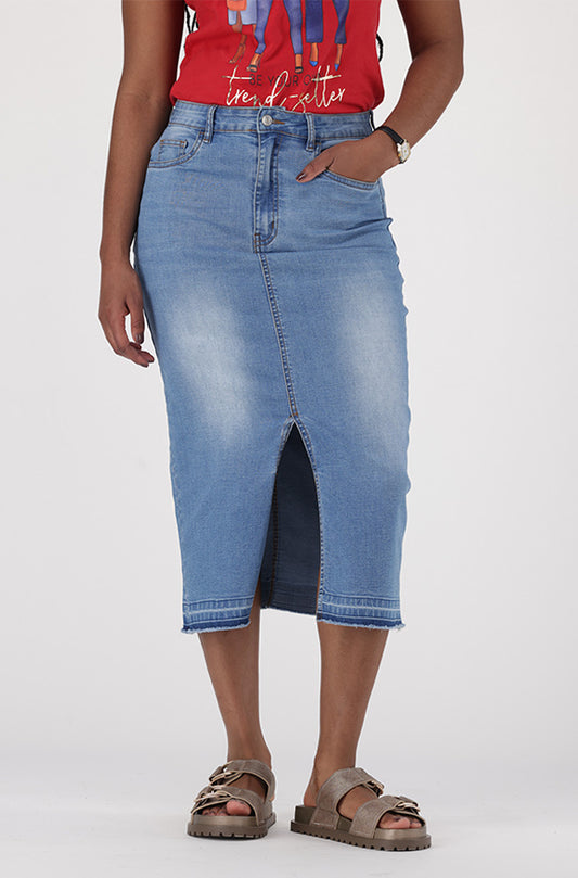 ROSIE DENIM LONGER LENGTH UNCLIPPED HEM SKIRT