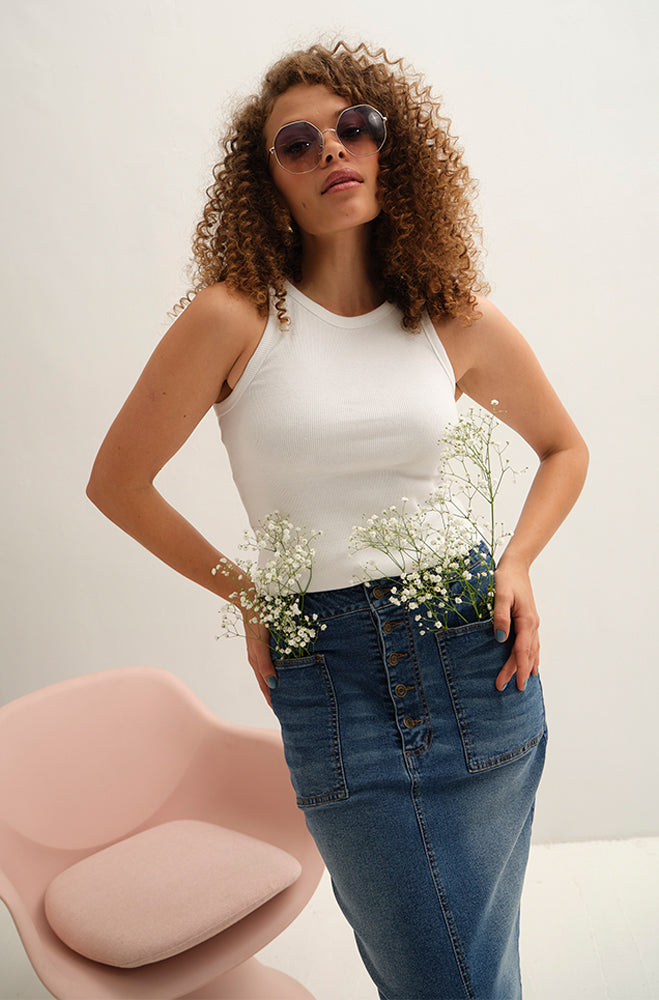 IRA DENIM LONGER LENGTH BUTTON SKIRT