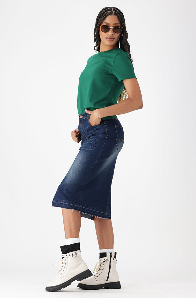 Ladies | Diane Front Slit Unclipped Hem Denim Skirt _ 162656 Dark Wash Skirts