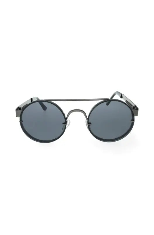 Round black metal frame sunglasses with dark lenses.