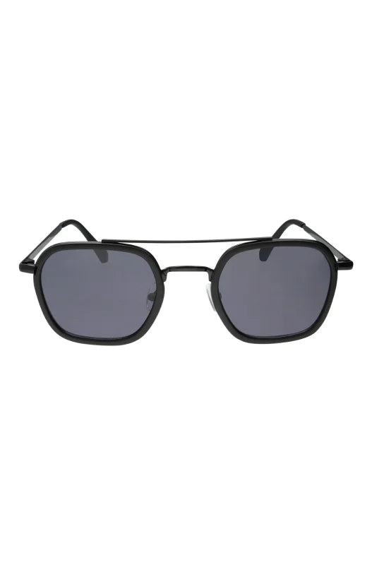 Black metal-framed sunglasses with dark gray hexagonal lenses and a double bridge.