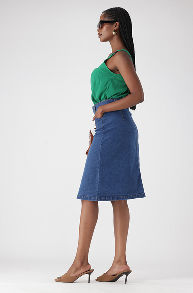 CAMDEN BUTTON THROUGH  BELTED DENIM SKIRT