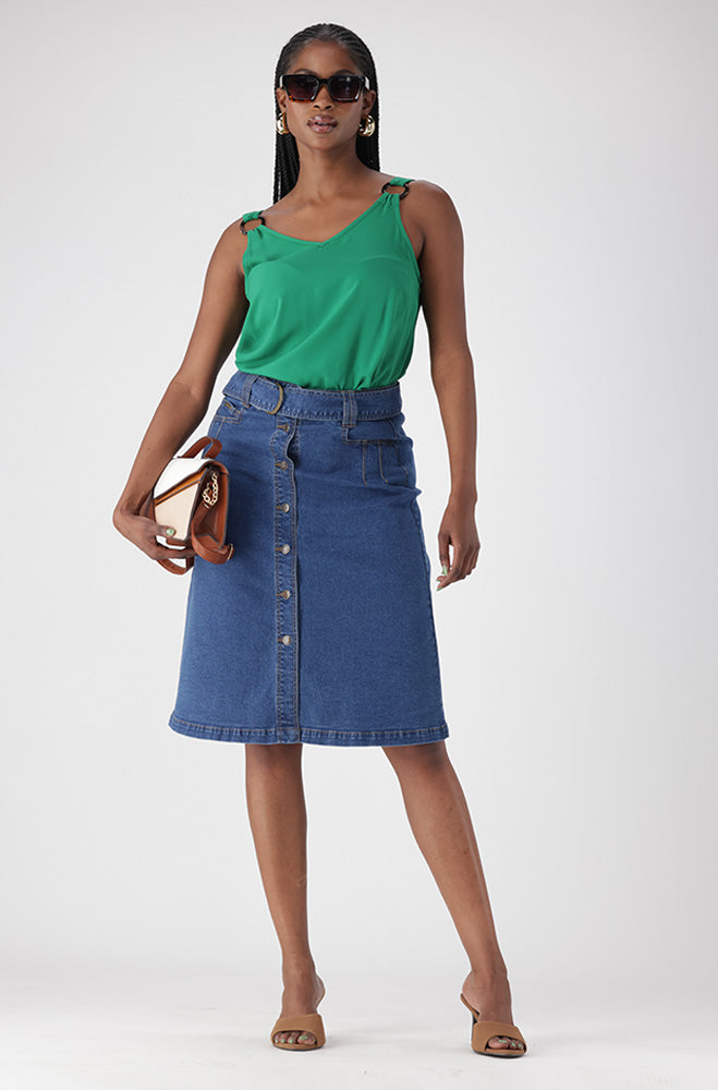 CAMDEN BUTTON THROUGH  BELTED DENIM SKIRT