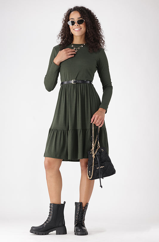 TATUM BELTED TIERED RIB DRESS