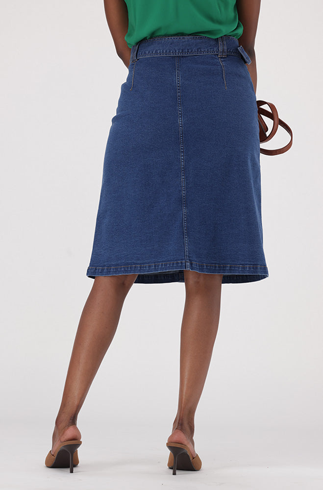 CAMDEN BUTTON THROUGH  BELTED DENIM SKIRT