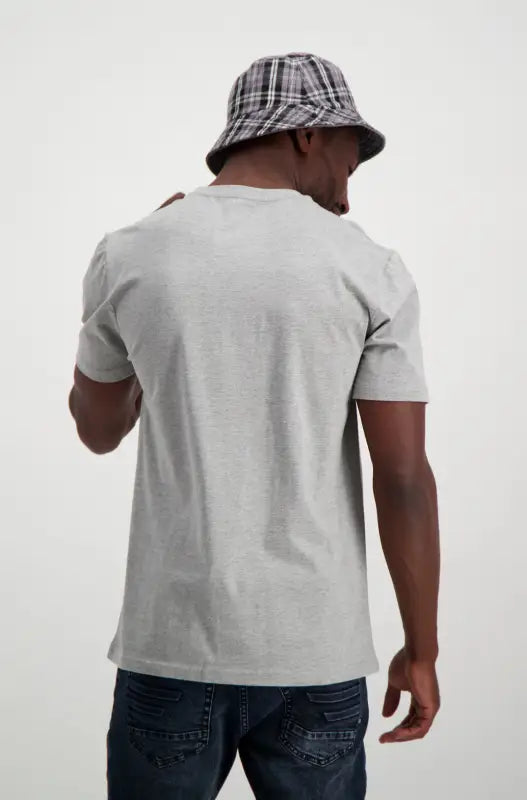 Men’s light grey short-sleeved t-shirt with a crew neck.