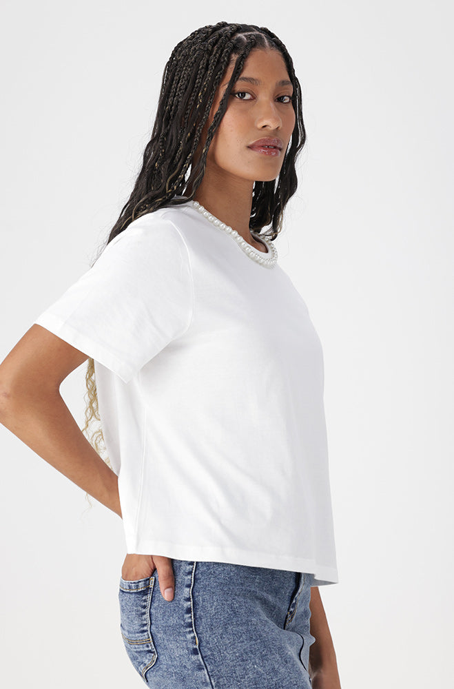 Ladies | Lea Boxy Tee with Pearl Trim Detail _ 163126 White T-shirts