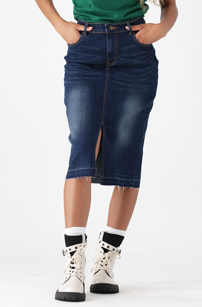 Ladies | Diane Front Slit Unclipped Hem Denim Skirt _ 162656 Dark Wash Skirts