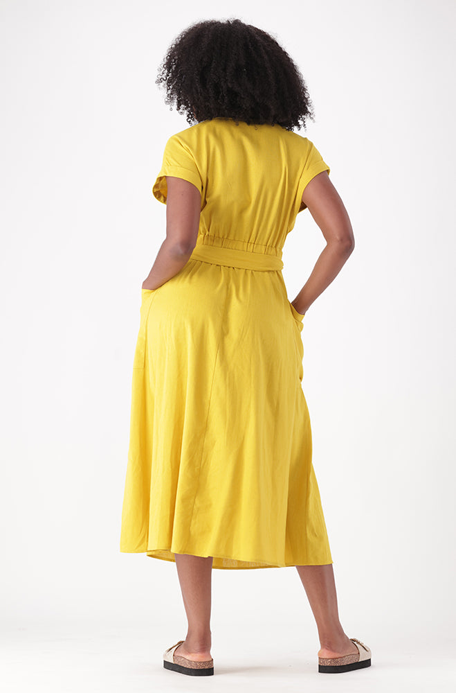SEREN LINEN BLEND BELTED VNECK DRESS