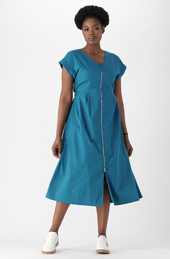 PREA V NECK FRONT ZIP FIT AND FLARE DRESS