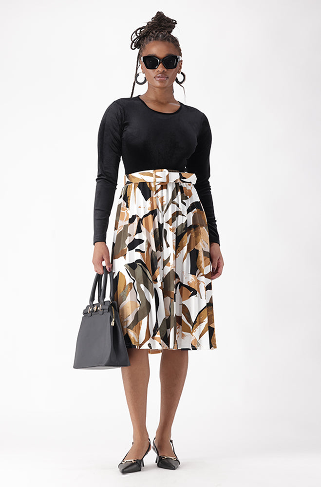 ELVA PRINTED BELTED PLEAT SKIRT